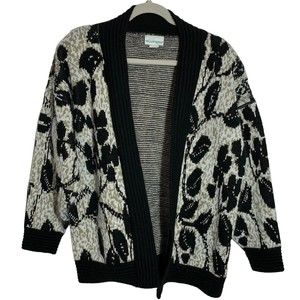Willow Ridge Vintage Women's Size M Oversized Black Tan & White Open Cardigan
